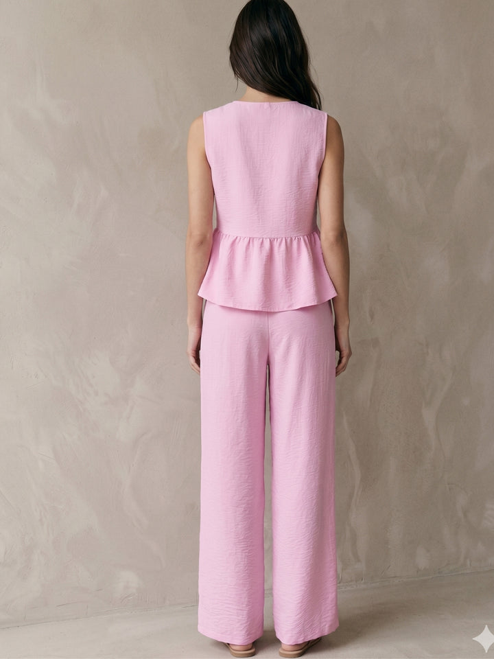 Pink Sleeveless Front Buttoned Top And Pant Set