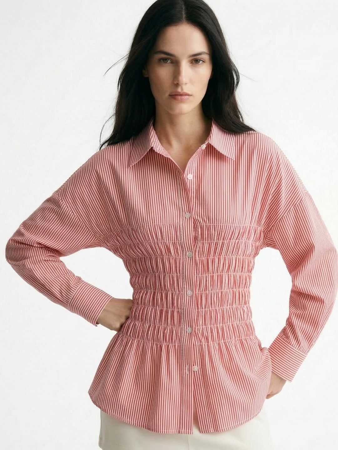 Pink Waist Smocked Fitted Collared Shirt