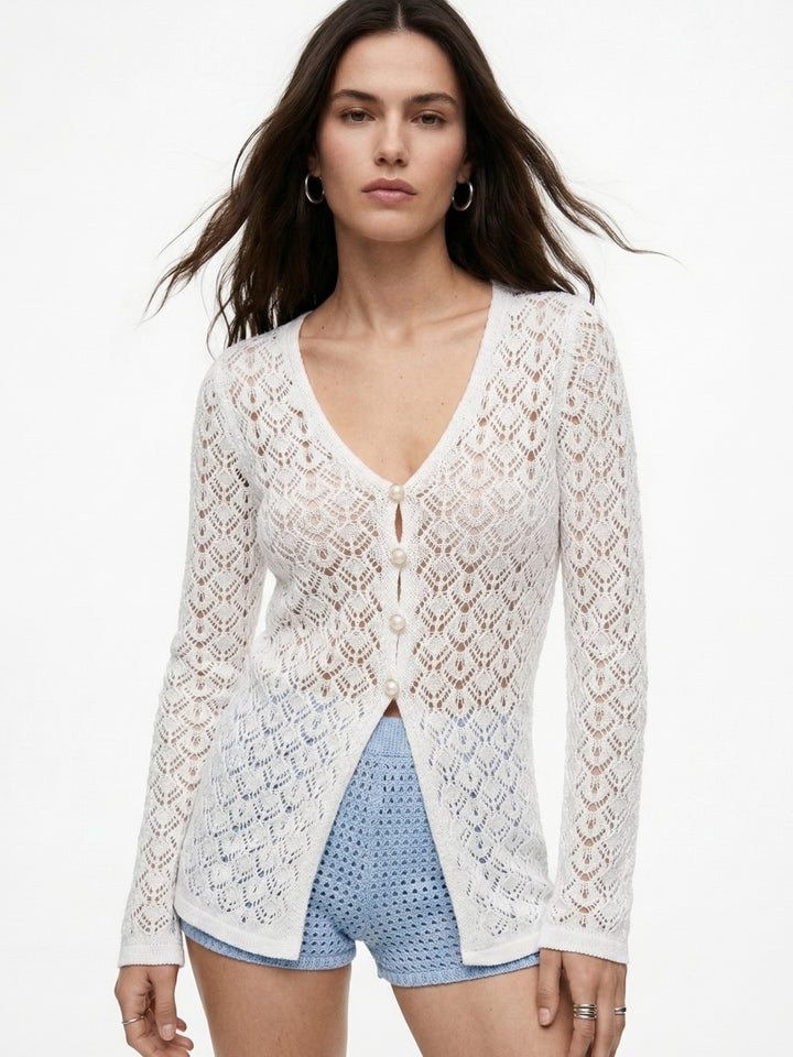 White Full Sleeve Crochet Front Buttoned Top