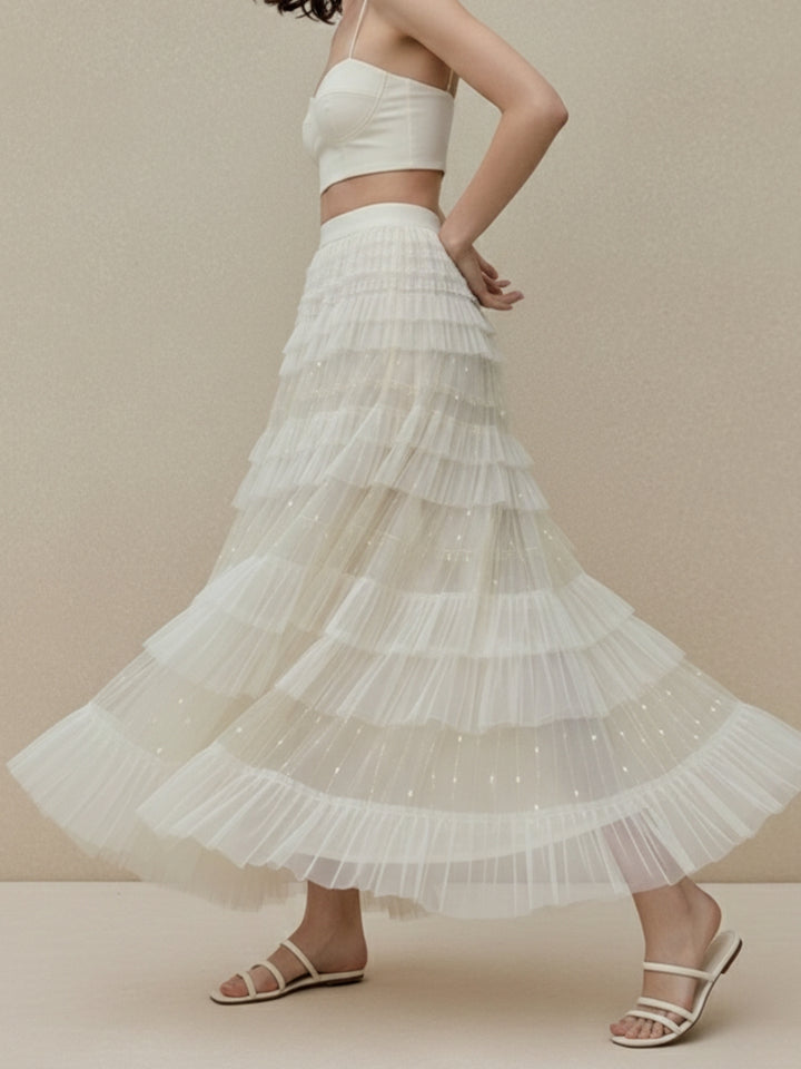 Off White Sheer Tiered With Frilled Hem Skirt