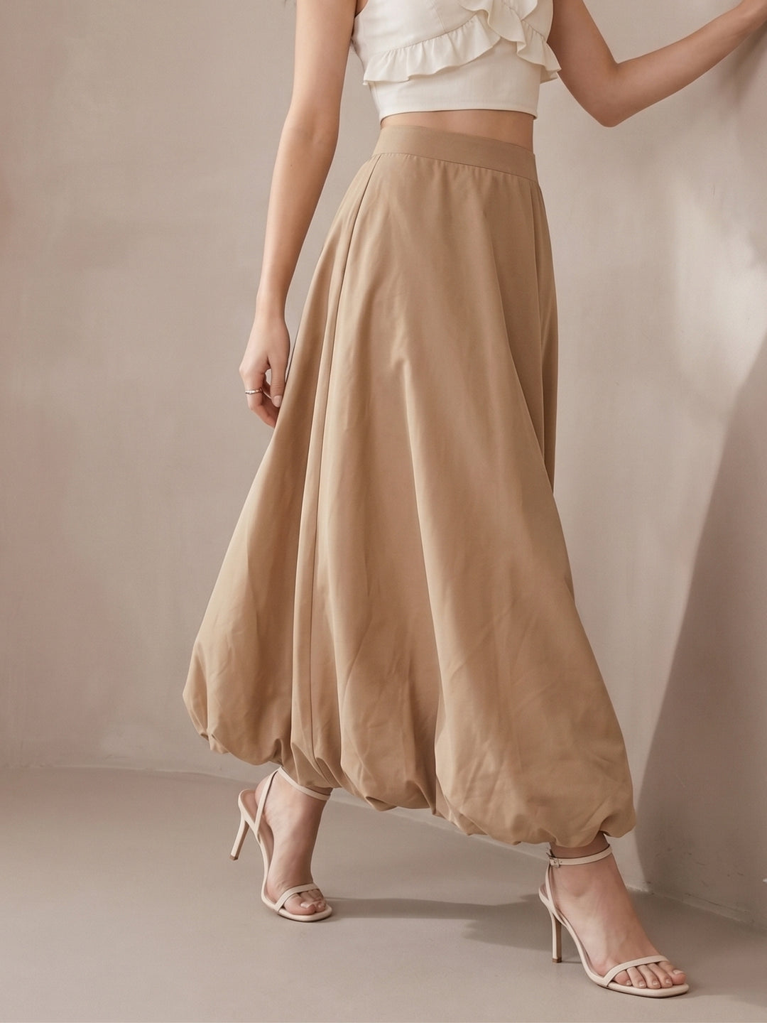 Beige High Waisted Box Pleated Skirt