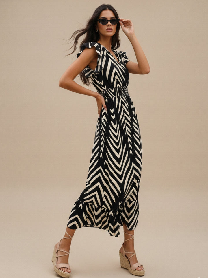 Black Ruffle Sleeve Waist Fitted Printed Dress