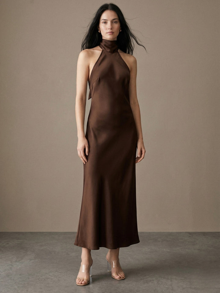 Brown Halterneck Midi Dress