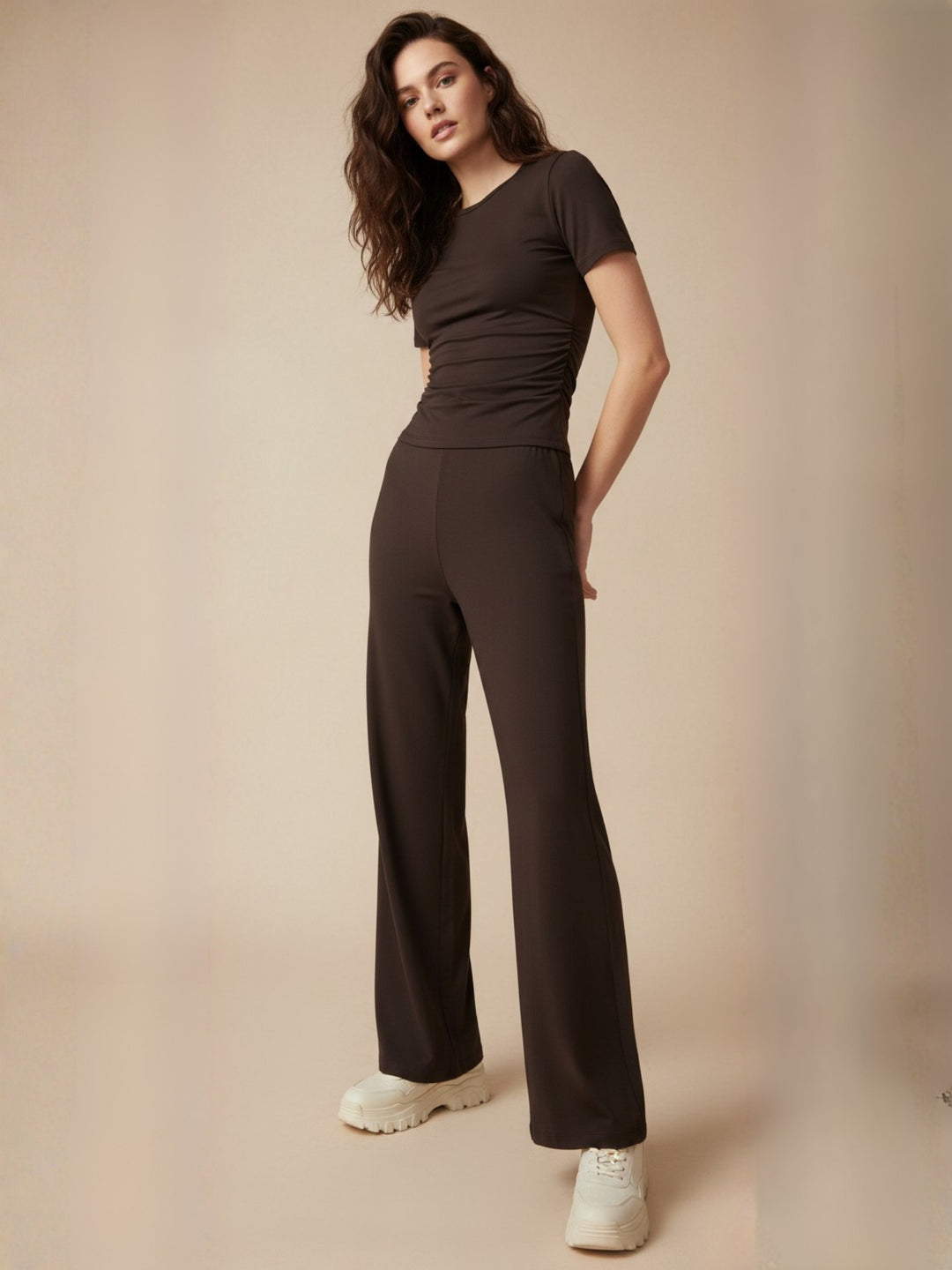 Brown Short Sleeve Fitted Top And Pant Set