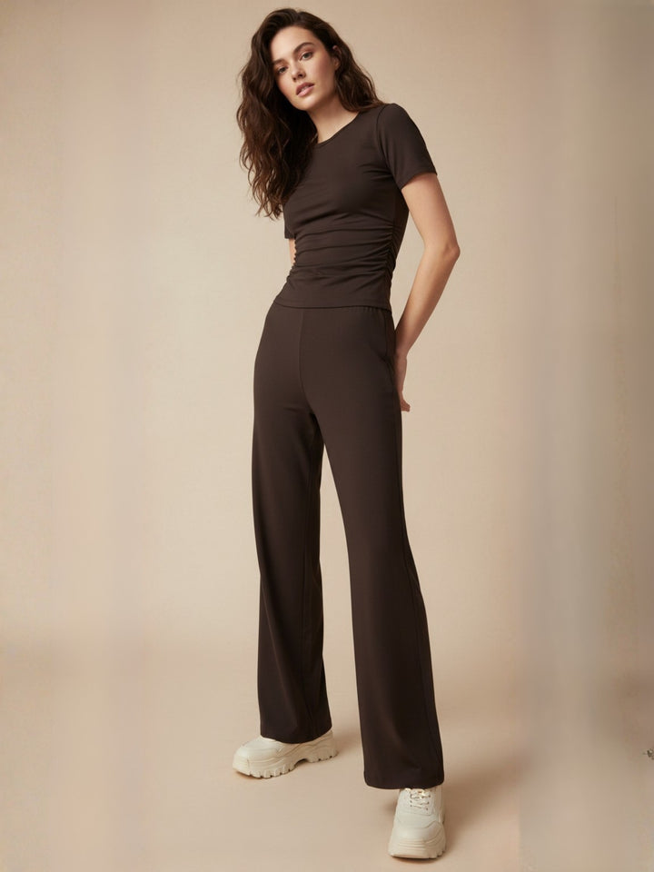Brown Short Sleeve Fitted Top And Pant Set