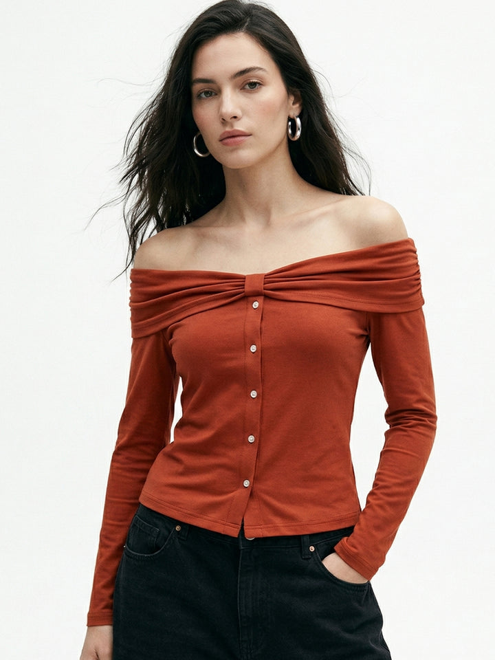 Rust Off Shoulder Front Buttoned Top