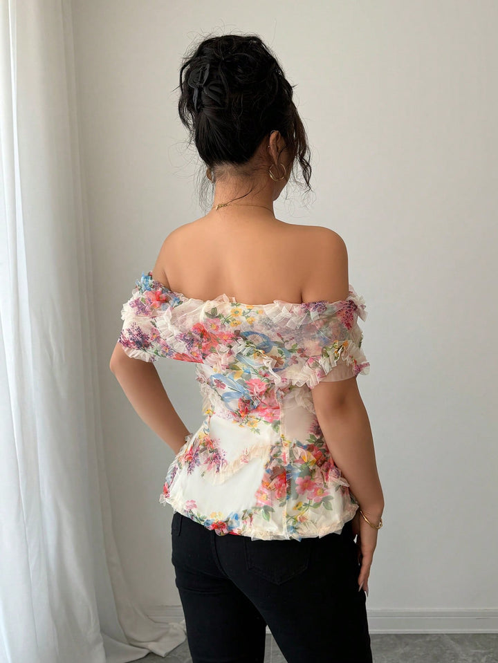 Cream Off Shoulder Floral Print Top