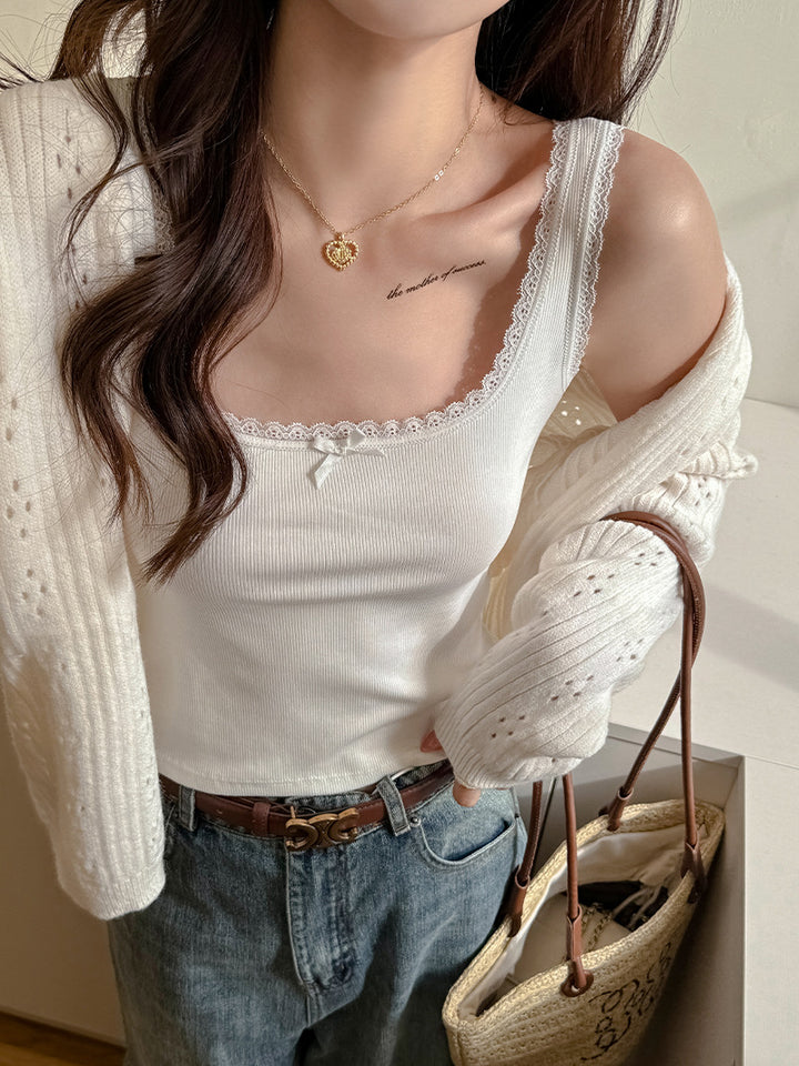 White Ribbed Lace Trim Tank Top