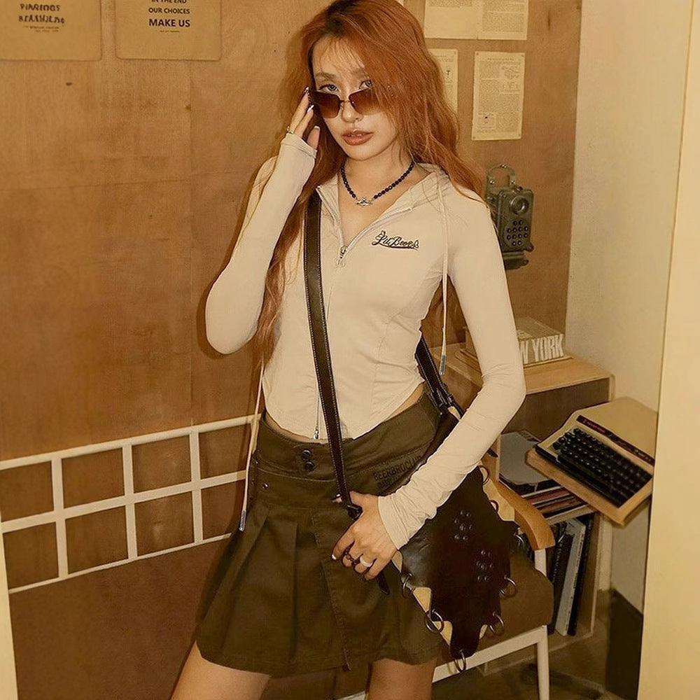 Beige Zipper Closure Full Sleeved Top