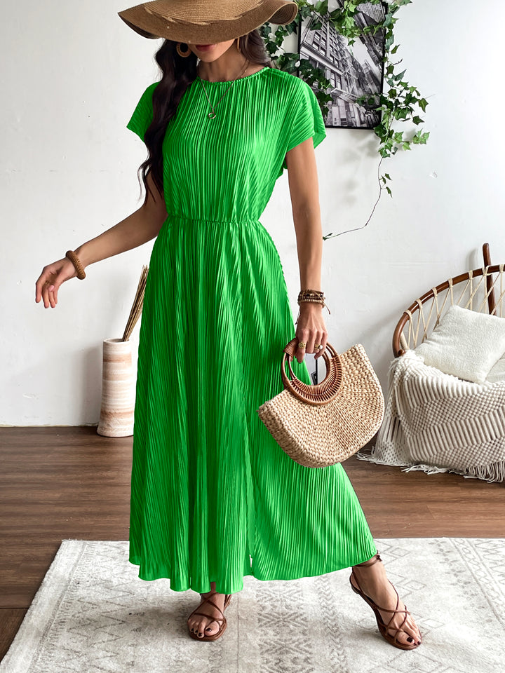 Green Pleated Solid Slit Dress