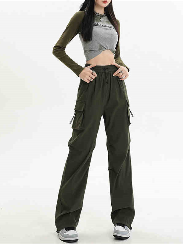 Olive Elasticated Waistband Parachute Trousers