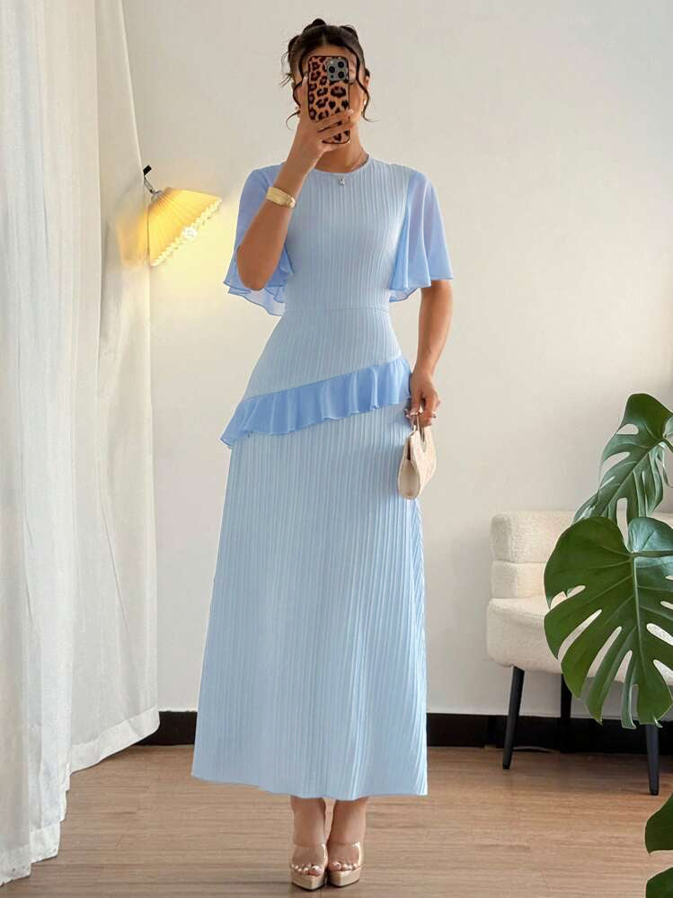 Blue Short Sleeve Frill Attached Dress