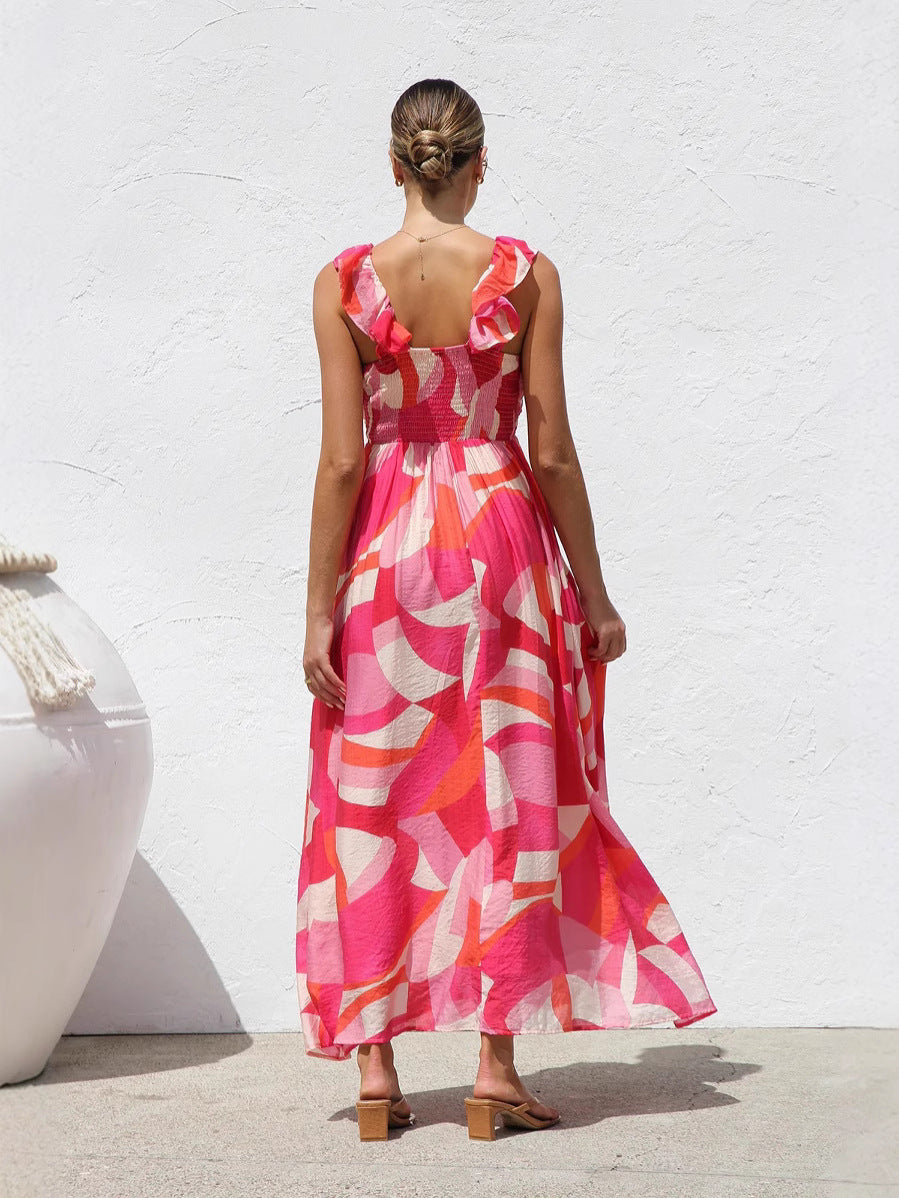 Red Printed Sleeveless Plunging V-Neck Dress