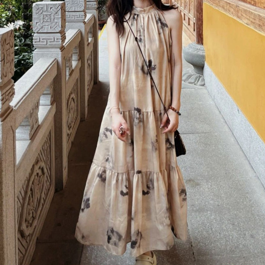 Beige A-Line Dress With Ruffles At Bottom Tier