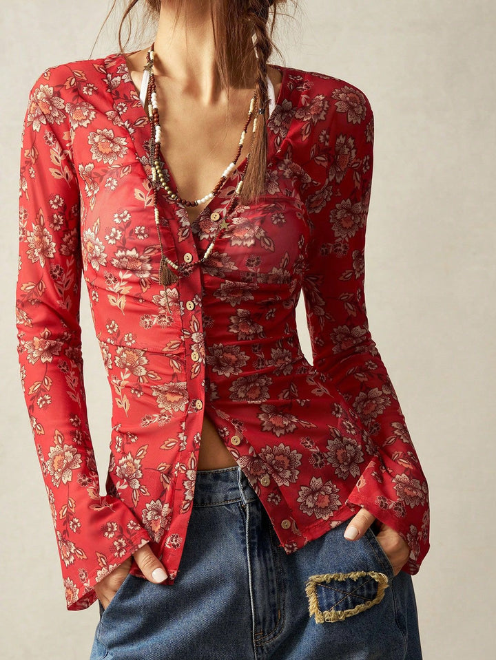 Red Full Sleeve Front Button Top