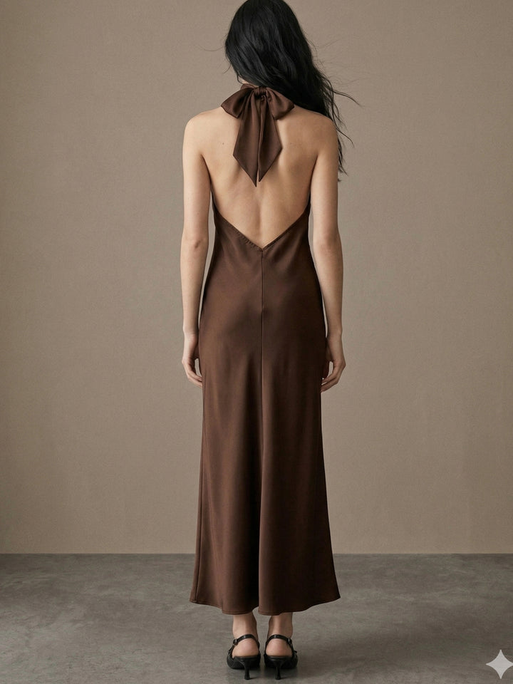 Brown Halterneck Midi Dress