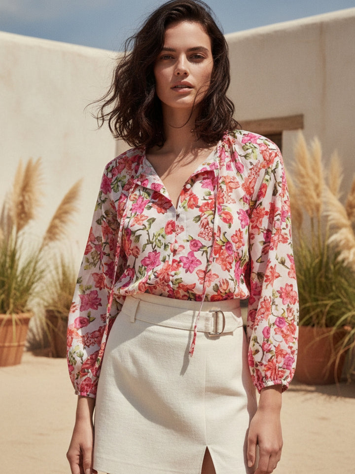 Multi High Neck Printed Tie Up Top