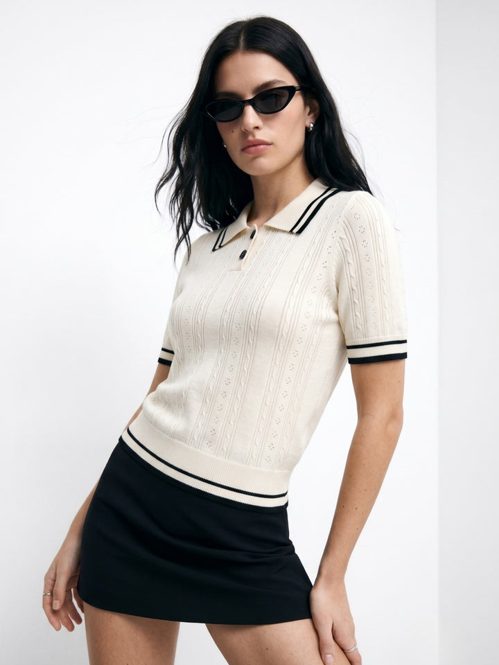 White Contrast Striped Half Button Down Polo Top