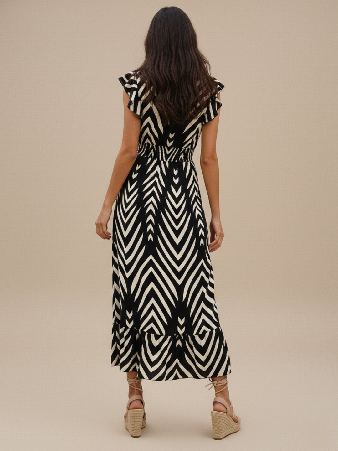 Black Ruffle Sleeve Waist Fitted Printed Dress