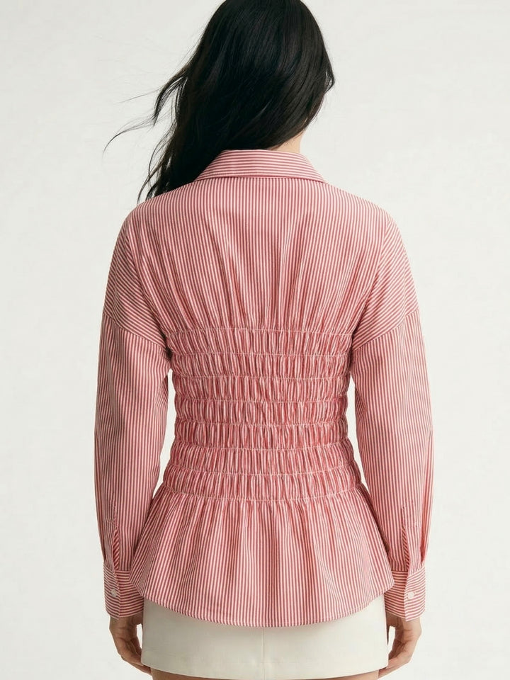 Pink Waist Smocked Fitted Collared Shirt