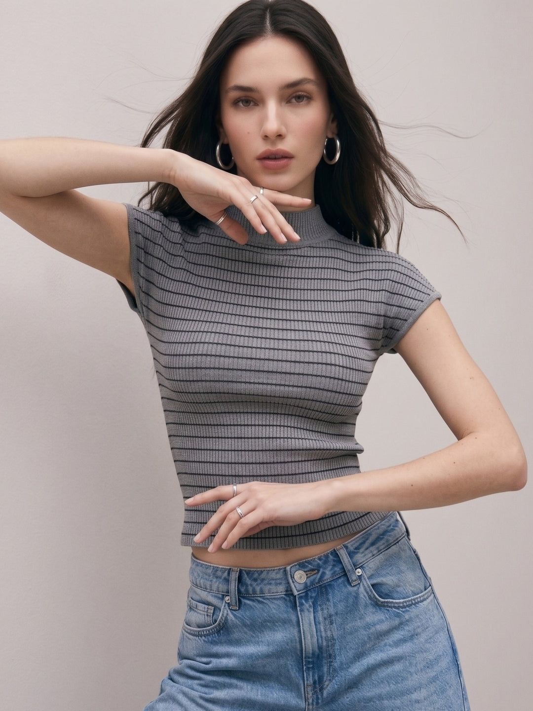 Grey High Neck Striped Tank