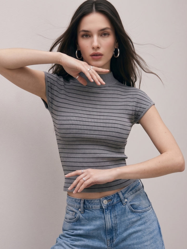 Grey High Neck Striped Tank