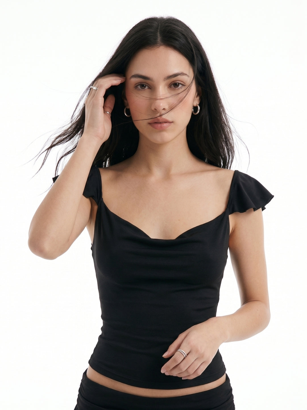 Black Ruffle Sleeve Cowl Neck Top