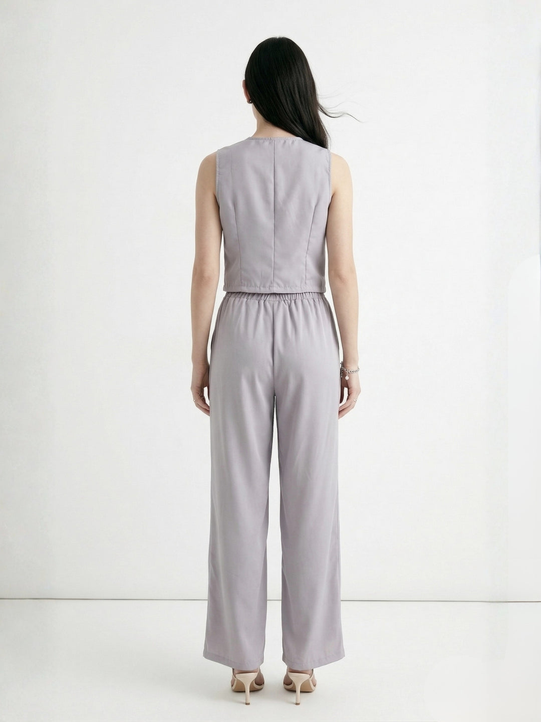 Grey Button Down Sleeveless Vest Top And Trousers Co-Ord Set