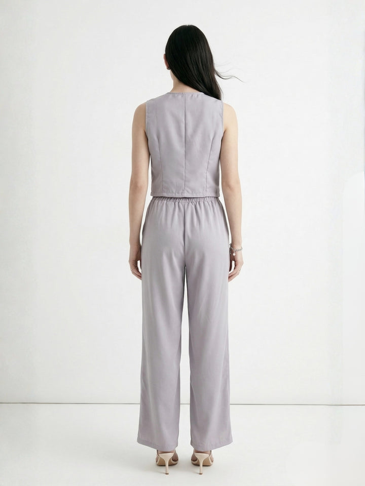 Grey Button Down Sleeveless Vest Top And Trousers Co-Ord Set