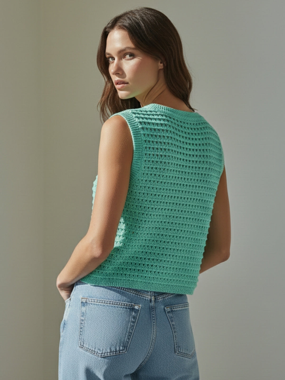 Aqua Sleeveless Crochet Detail Top