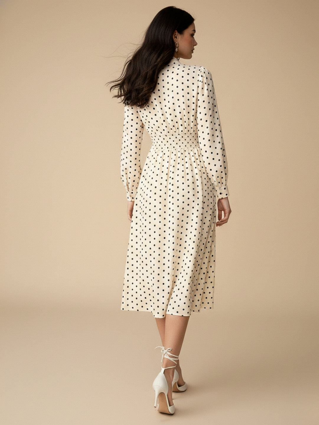 Cream Full Sleeves Neck Tie-Up Dress