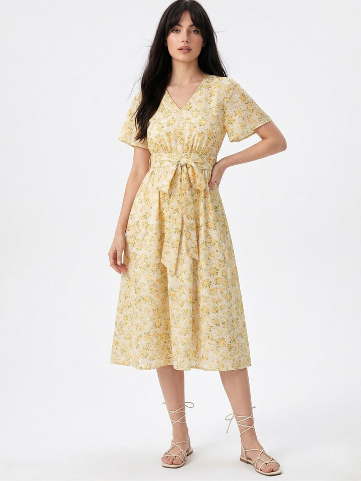 Multi Flare Sleeve Waist Tie-Up Printed Dress