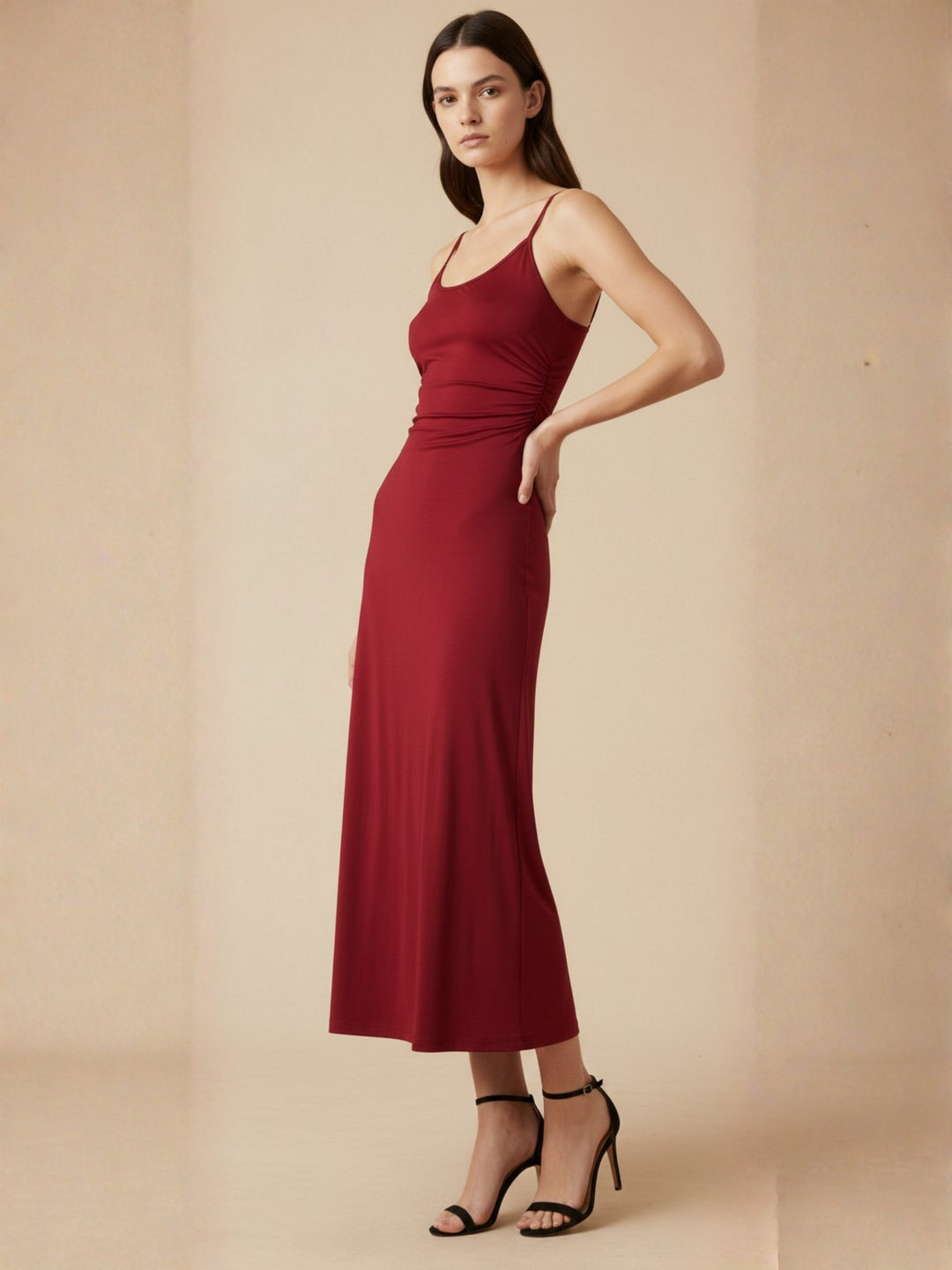 Maroon Spaghetti Strap Flared Dress