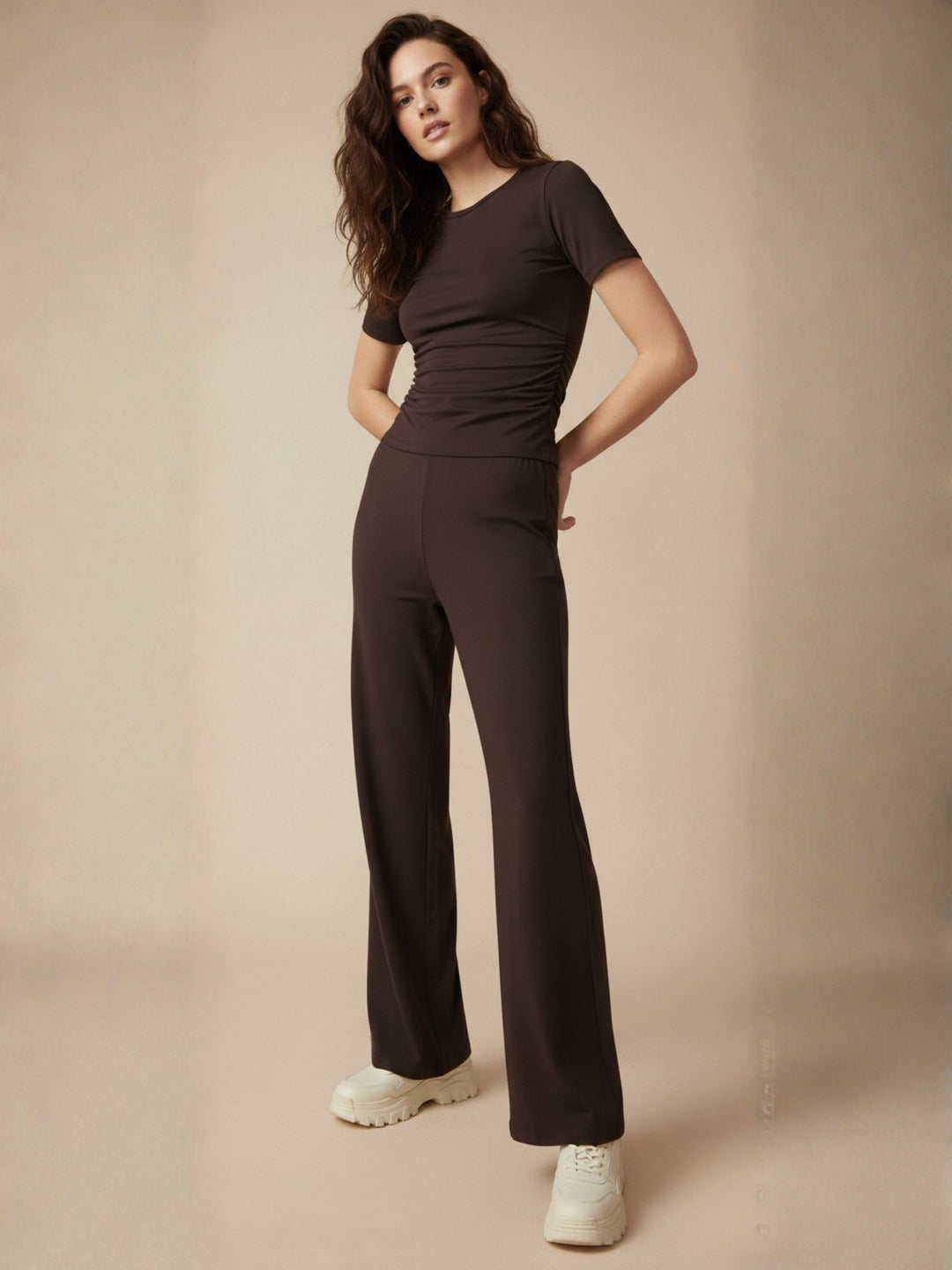Brown Short Sleeve Fitted Top And Pant Set