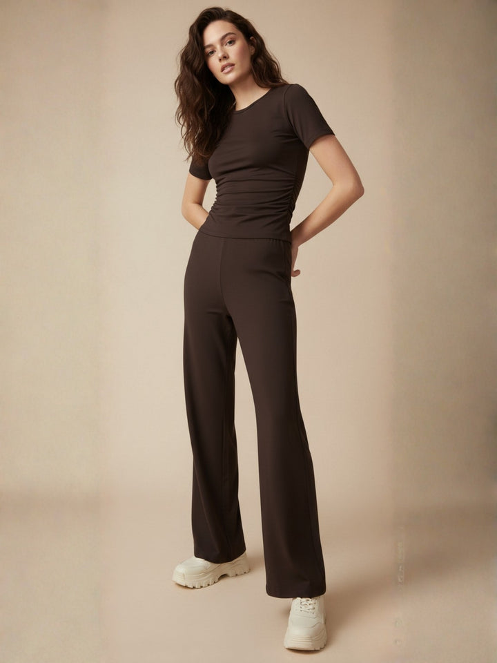 Brown Short Sleeve Fitted Top And Pant Set