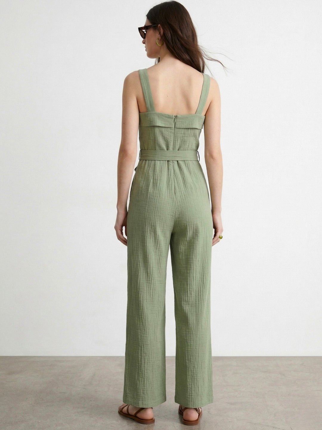 Green Shoulder Strap Waist Tie Up Jumpsuits