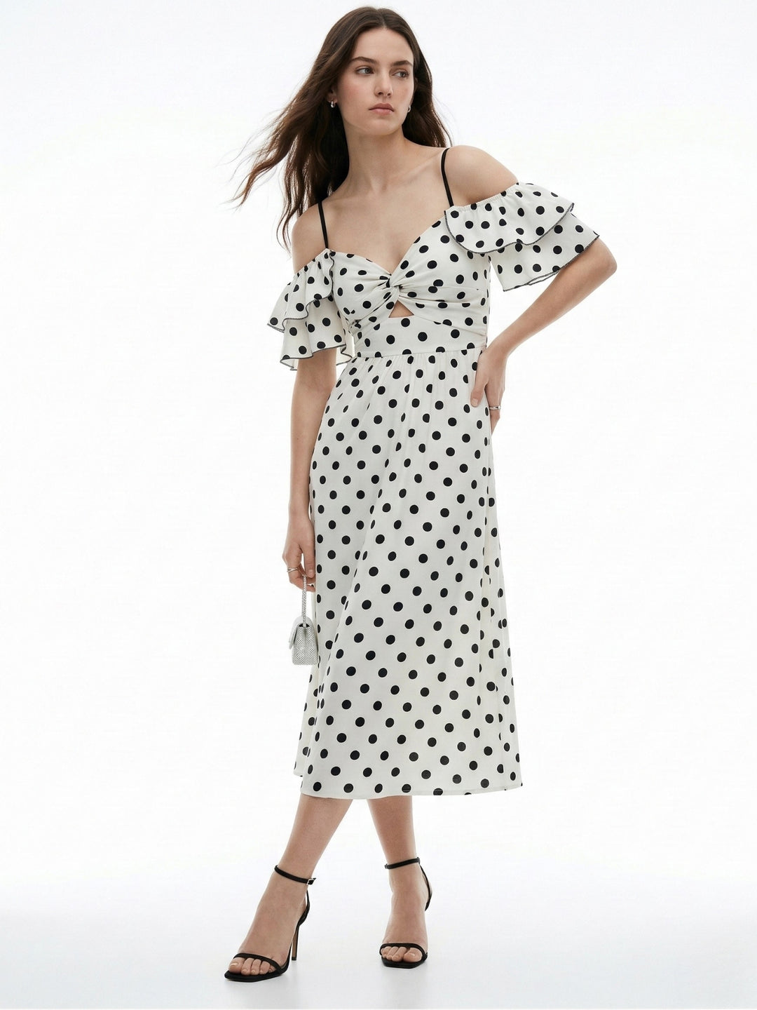White Cold Shoulder Polka Dotted Midi