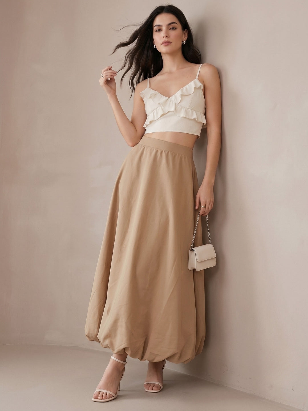 Beige High Waisted Box Pleated Skirt
