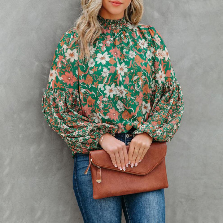 Olive High Neck Printed Full Sleeved Top