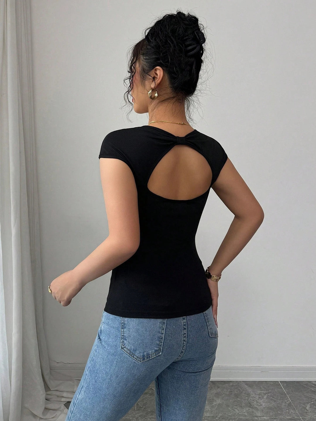 Black Deep V Neck Short Sleeve Top