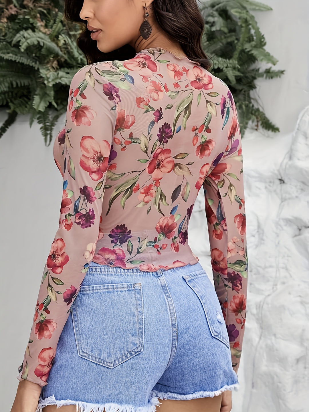 Nude Floral Printed Full Sleeve Semi Sheer Crop Top