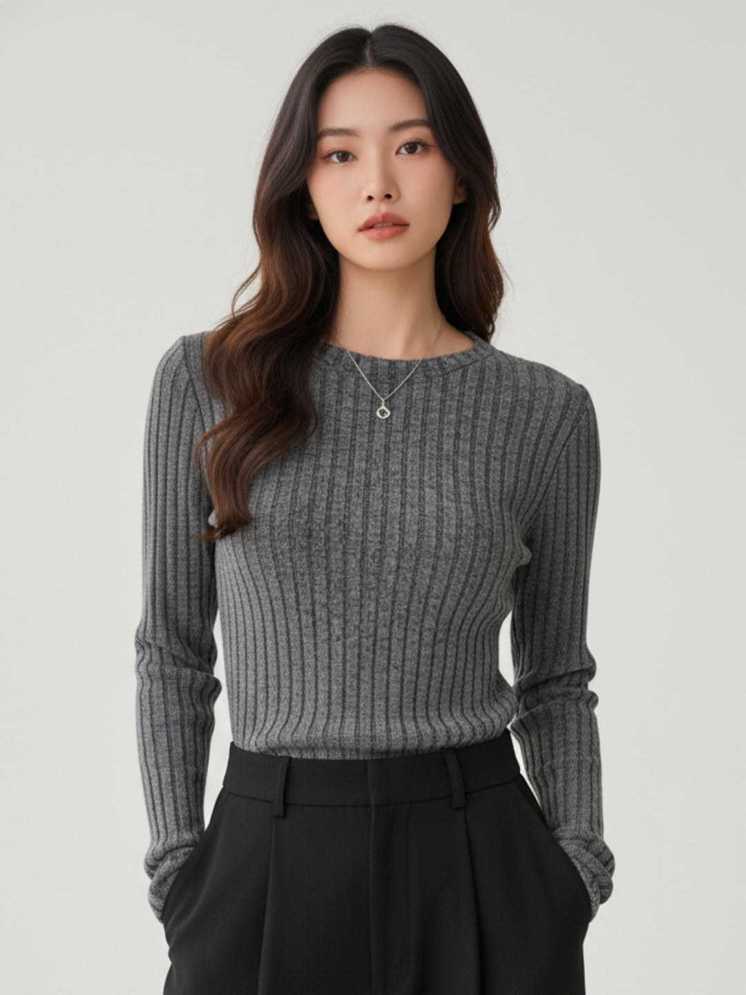 Charcoal Full Sleeve Crew Neck Fitted Top