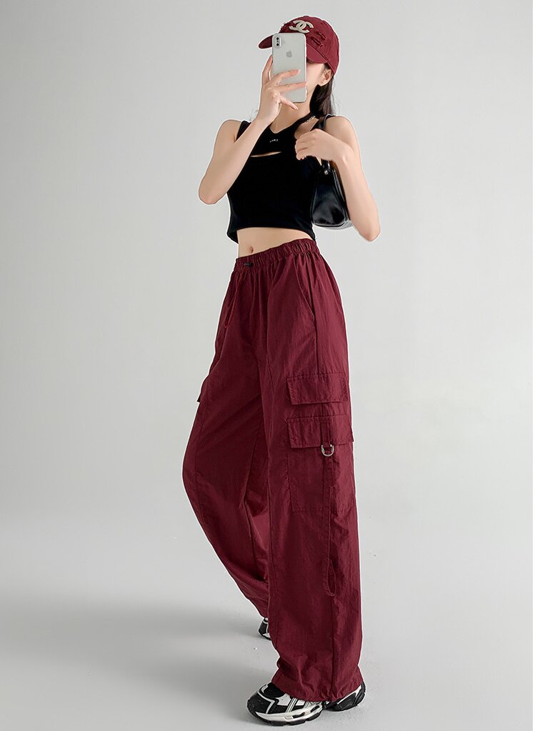 Wine Straight Fit Drawstring Parachute Cargo Pants