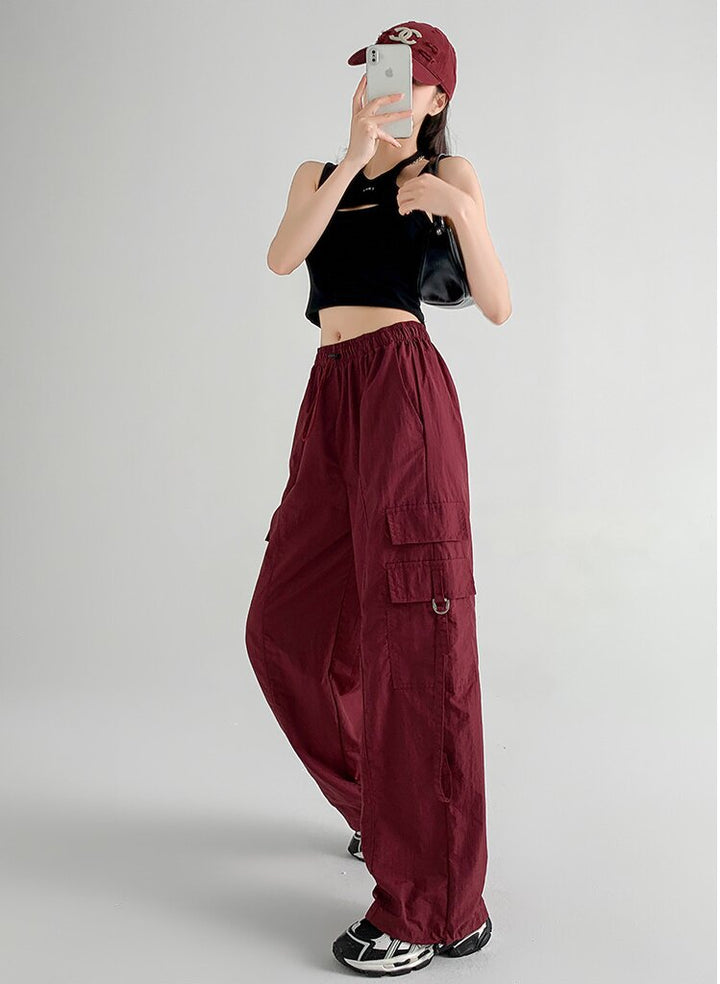Wine Straight Fit Drawstring Parachute Cargo Pants