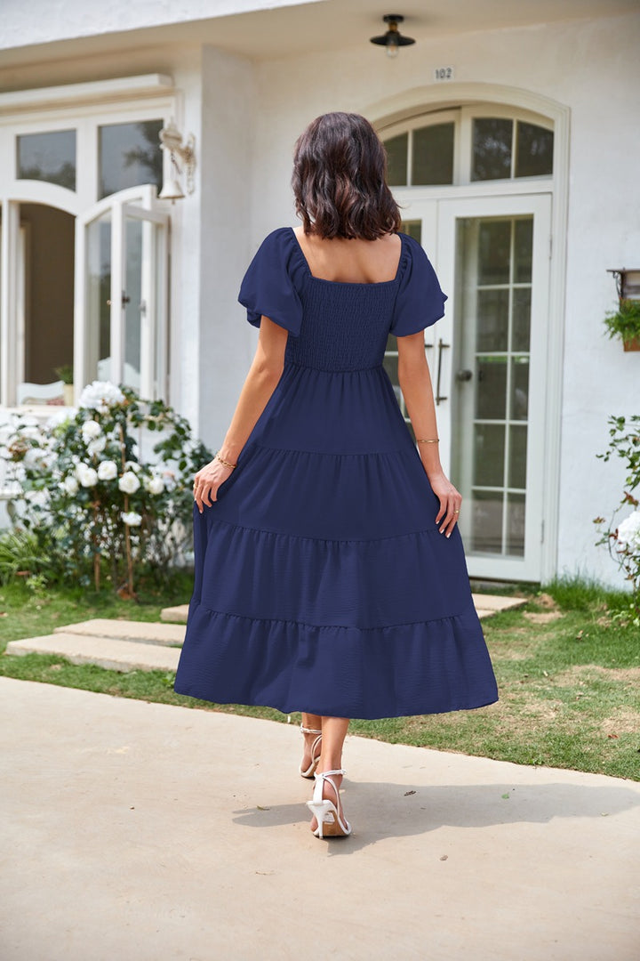 Navy Blue Square Neck Puff Sleeved Tiered Dress