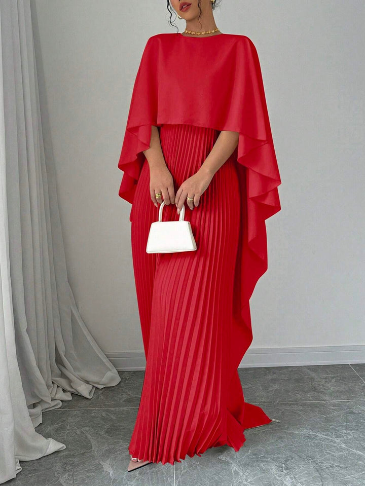 Red Crew Neck Coverup Pleated Dress