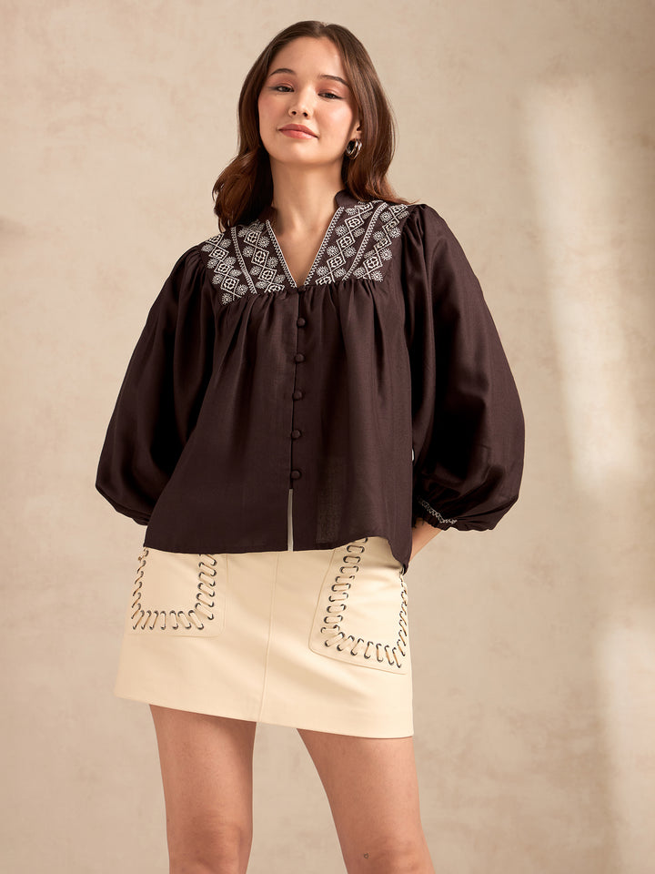 Brown Embroidered Long Sleeves Blouse