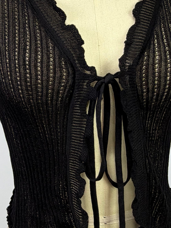 Black Ribbed Textured Front Tie Up Shrug Top