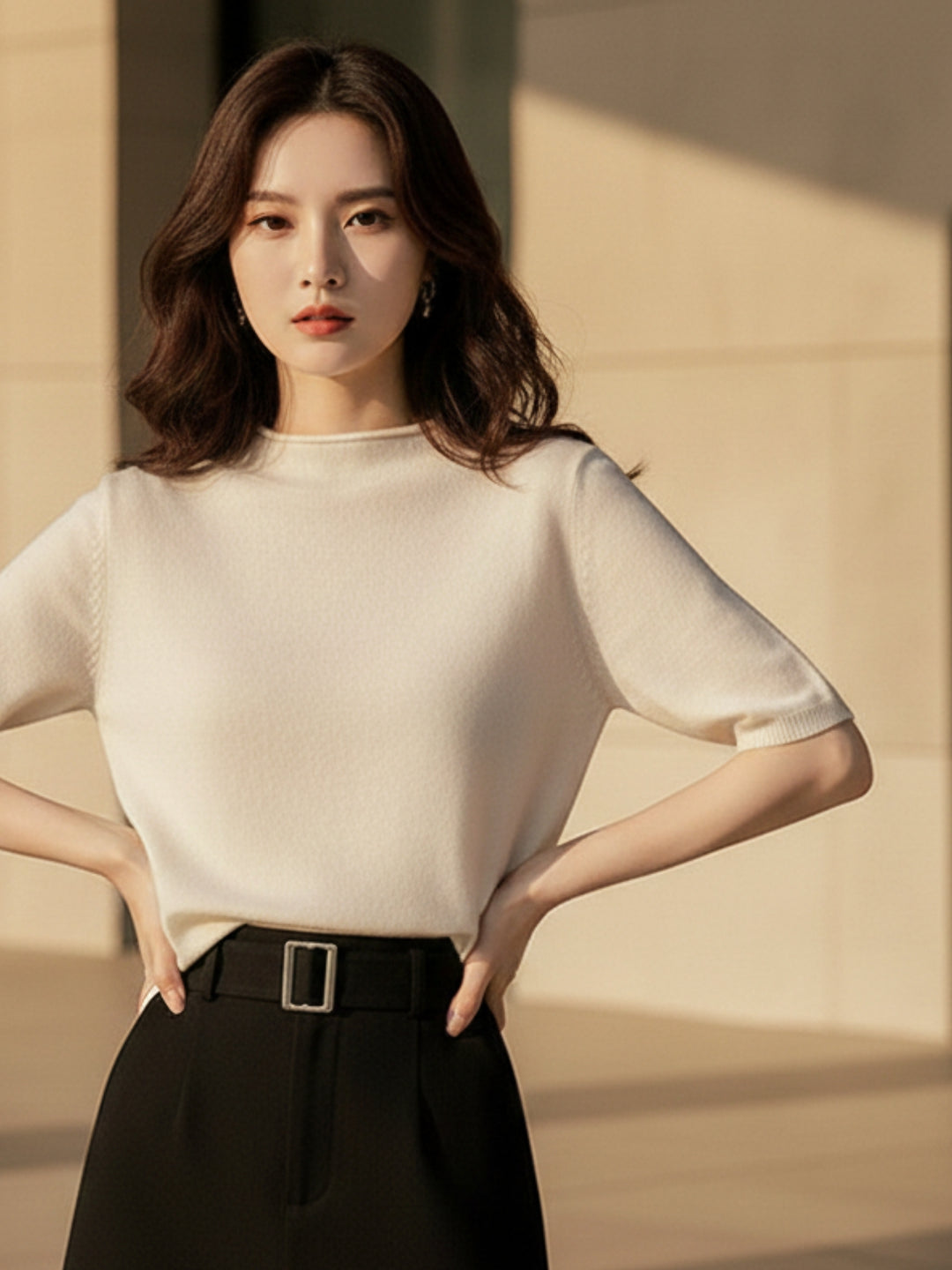 Cream Short Sleeve Mock Neck Relaxed Top