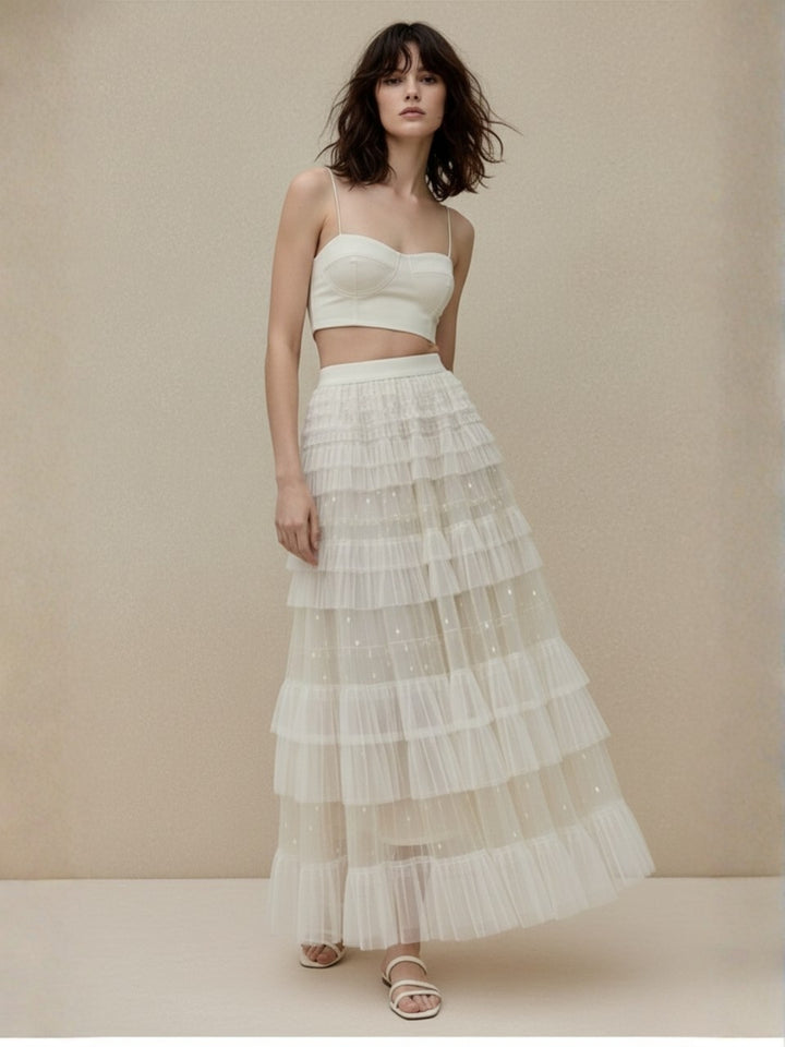 Off White Sheer Tiered With Frilled Hem Skirt